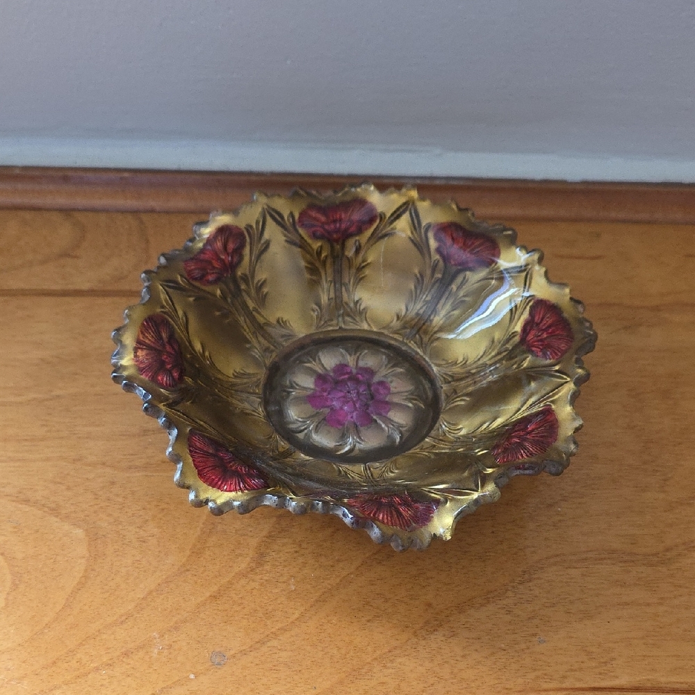 Antique Gold & Red Carnation Goofus Glass Bowl